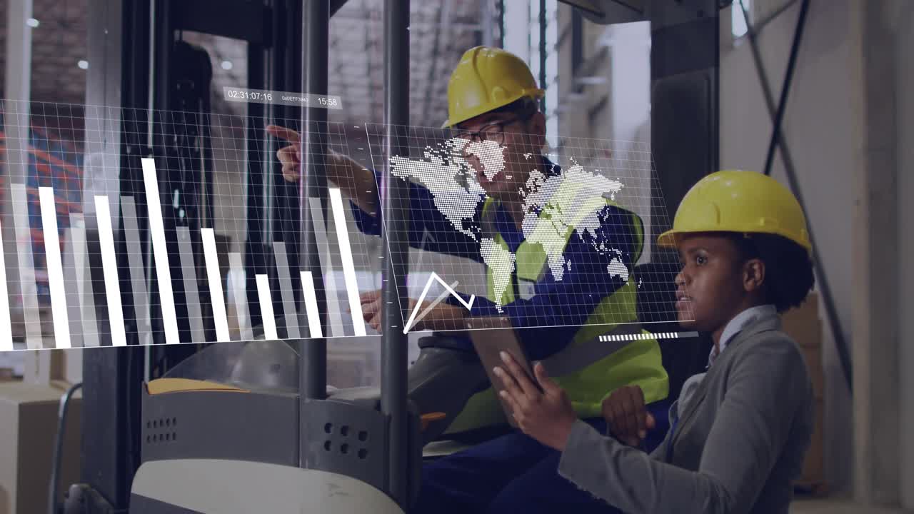 Operator pointing, engineer tapping tablet activating charts fusing into world map UI for logistics