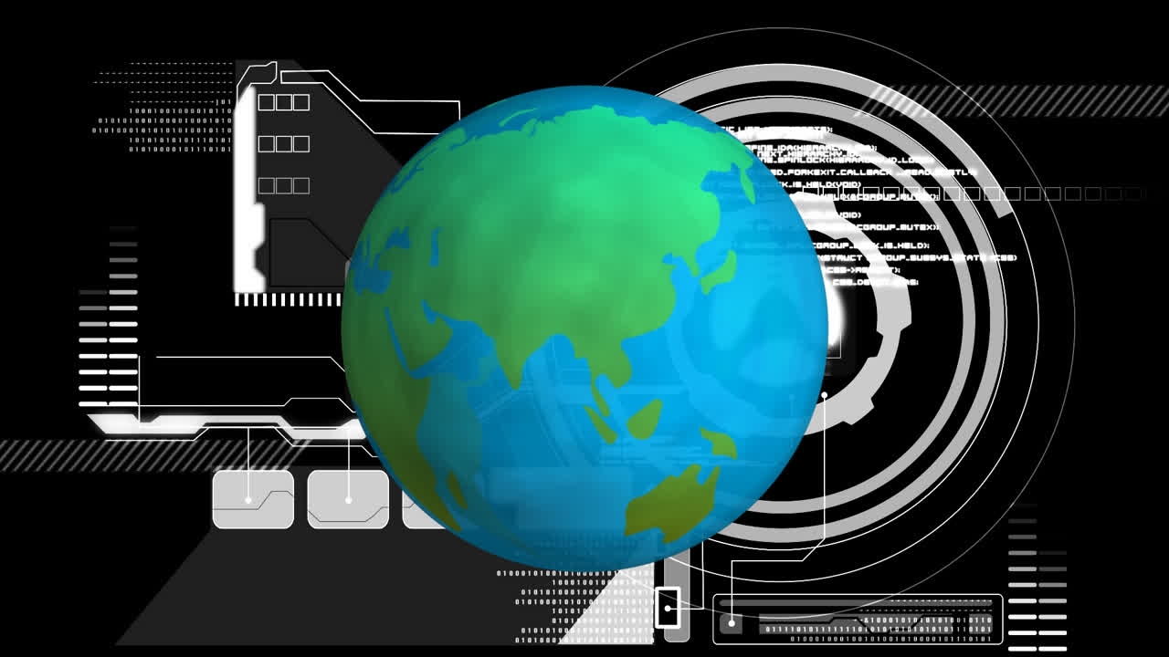 Animation of digital data processing and globe on black background