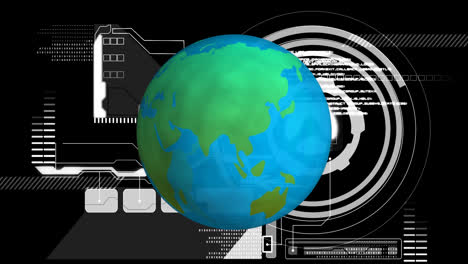 Animation-of-digital-data-processing-and-globe-on-black-background