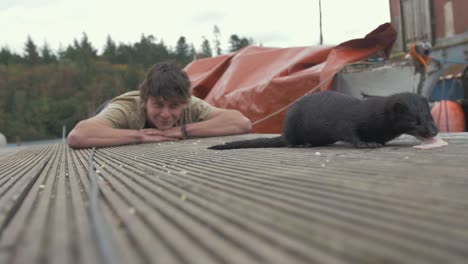 slow motion shot of wild mind eating meat slice in front of human