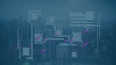 animation of data processing and media icons over cityscape