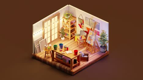3d isometric animation loop of creative art studio with glowing garland
