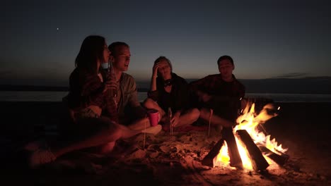 Accelerated-footage-of-friends-sitting-on-the-beach-on-a-plaid-near-the-bonfire.-Two-couples-spending-time-together,-playing