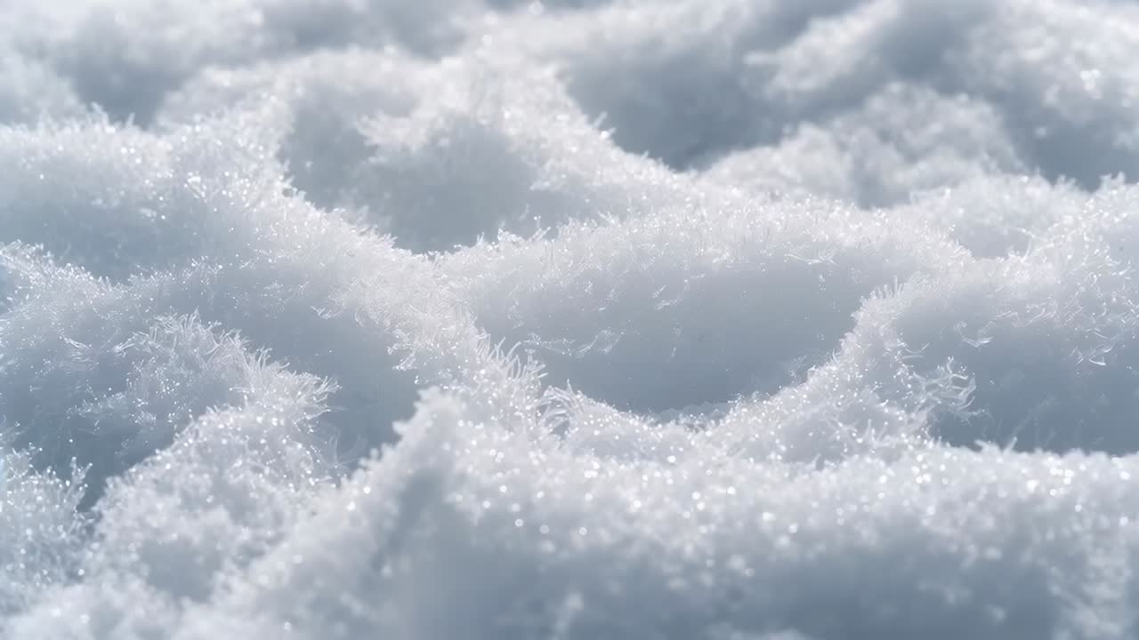 Fotocamera che regola la messa a fuoco rivelando cristalli di galaverna sulla neve per mostrare i dettagli, luce solare con riflessi