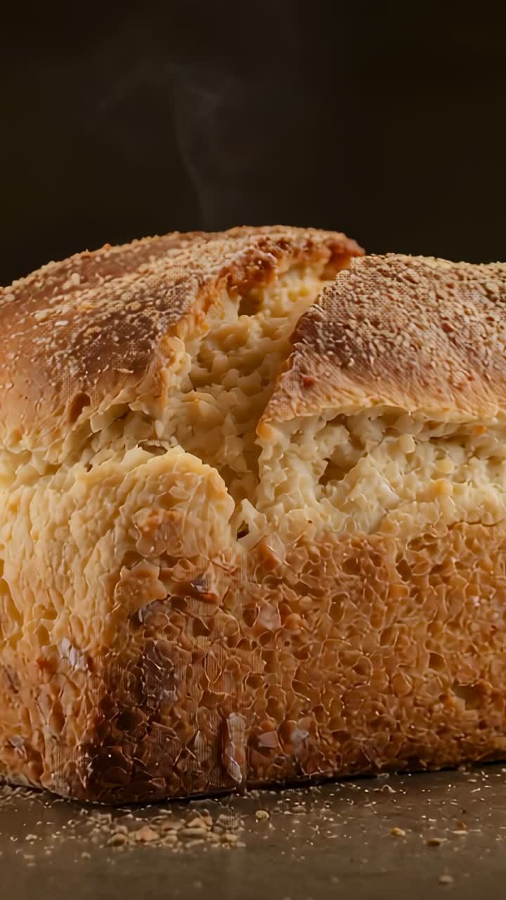 Vertical video: Steam rising camera zooming on artisan loaf on studio slab showing split and crumbs