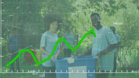 animatie van grafiek met getallen over multiraciale vrijwilligers met donatie doos.