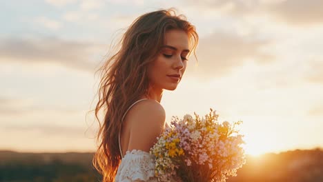 woman with flowers at sunset