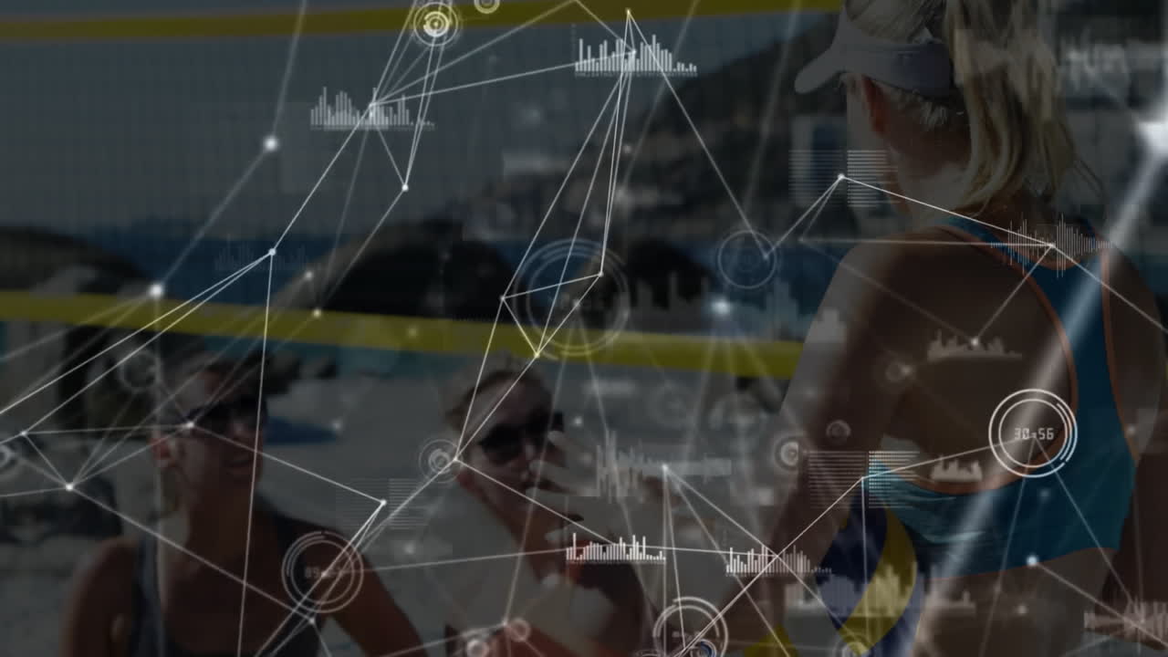 Playing beach volleyball, people with network connections and data processing animation