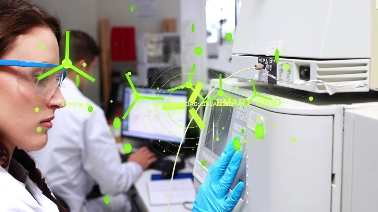 Lab tech tapping analyzer keypad activating smart grid HUD growing around instrument verifying data