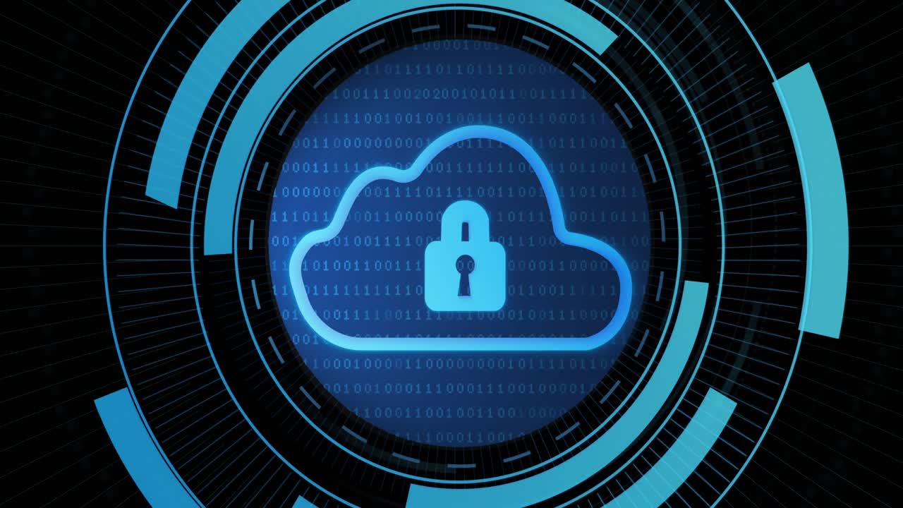 Animation of digital cloud with padlock in processing circle on black background