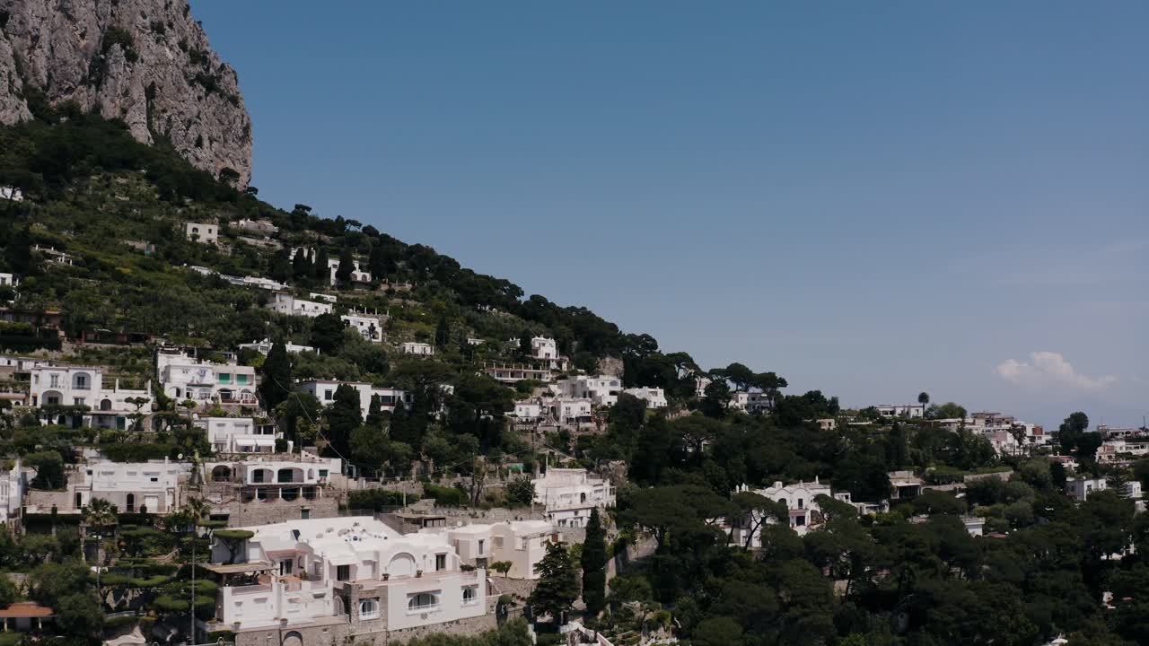 Drone shot of homes lining Capri, Italy's unique cliffside