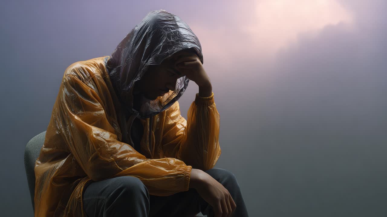 Um indivíduo contemplativo sentado em silêncio, vestindo uma capa de chuva amarela reflexiva, expressando emoções profundas sob uma atmosfera nublada e melancólica