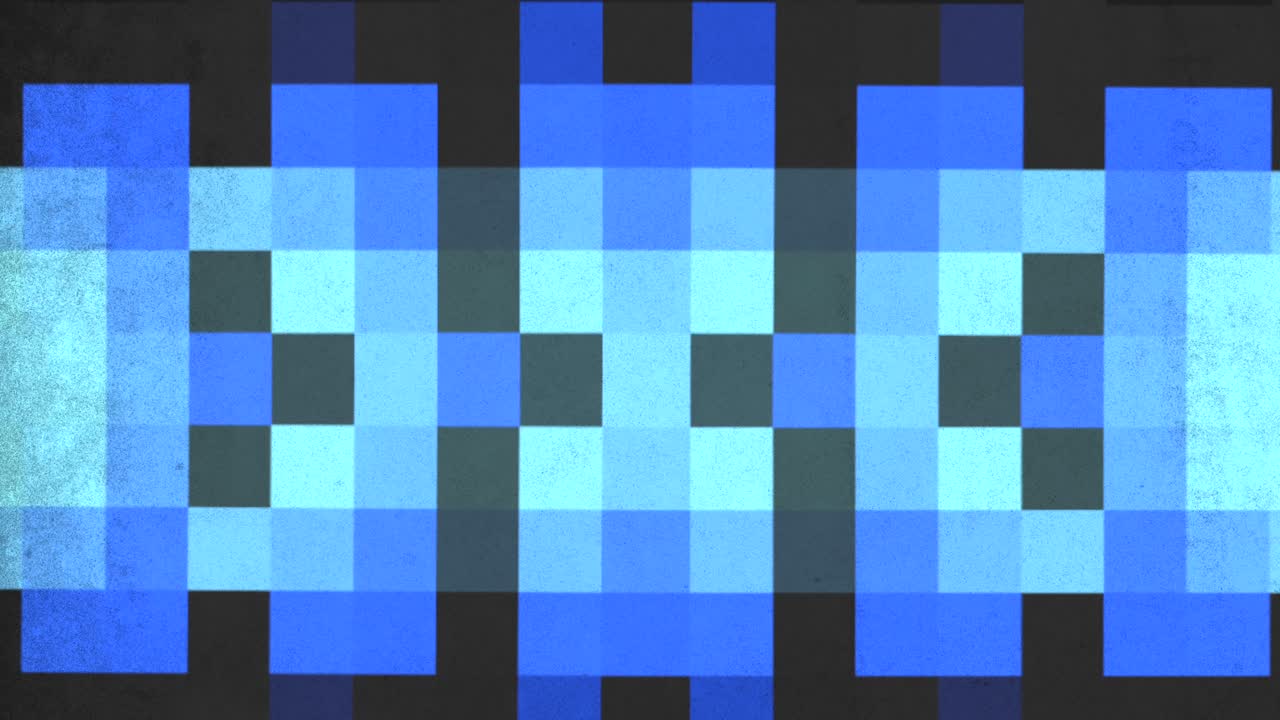 A simple yet intricate pattern composed of blue and black squares arranged in a grid formation. The varying sizes and layering of squares create a visually appealing design