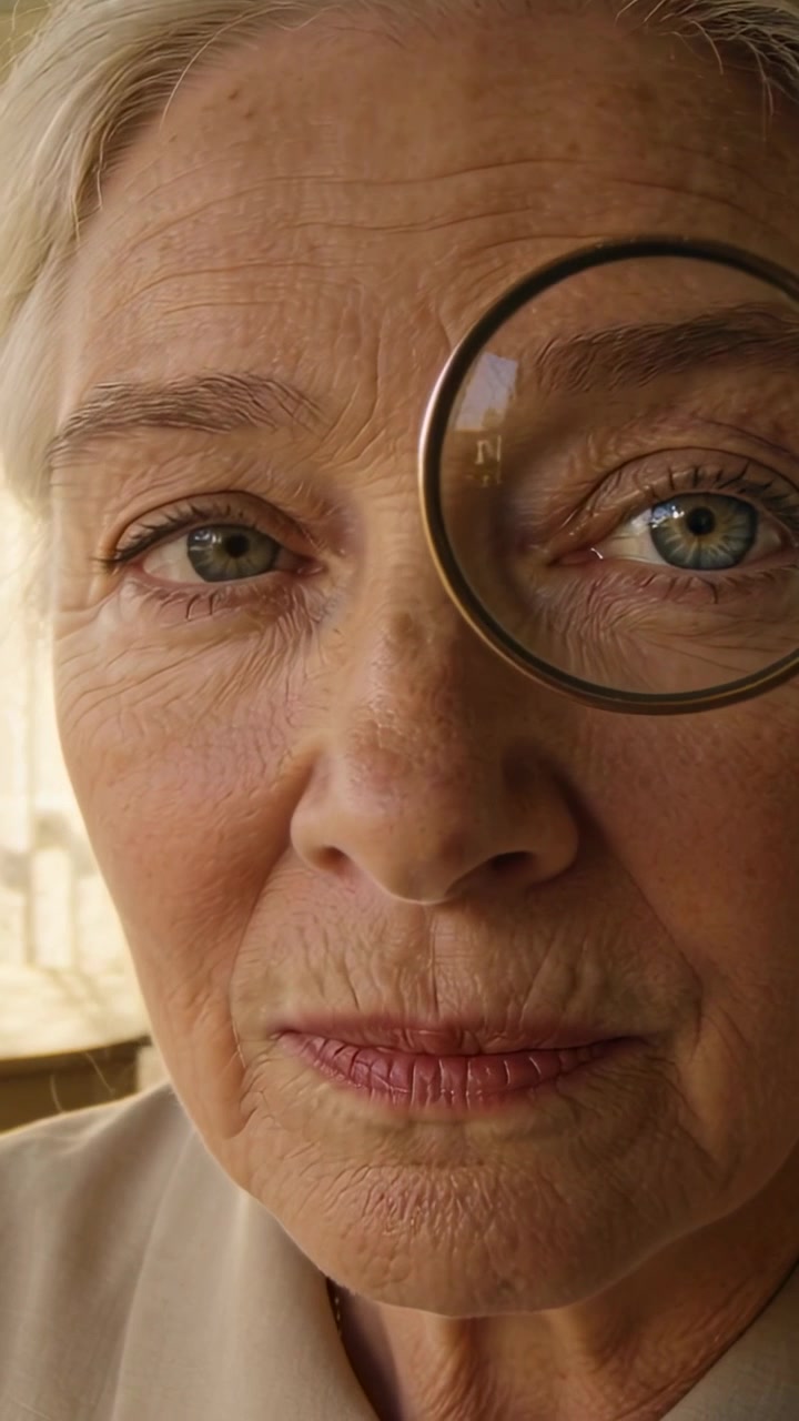 Video verticale: Donna che tiene una lente d'ingrandimento, controllando l'occhio vicino alla finestra, con un top chiaro e il riflesso della lente.