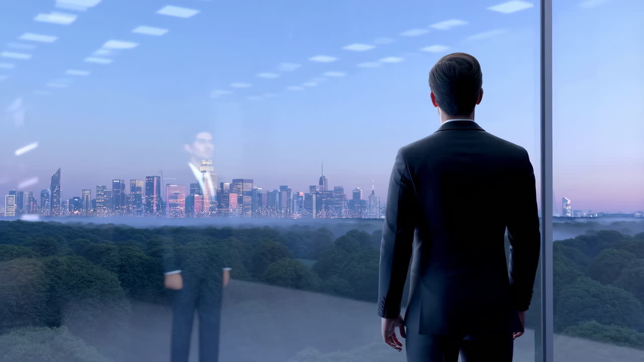 Businessman Looking Out Window at City Skyline and Forest