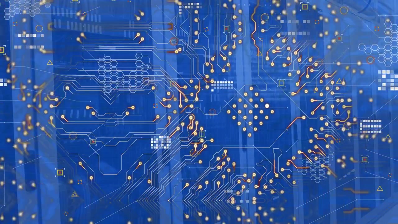 Digital Circuit Board Overlay on Server Room Background