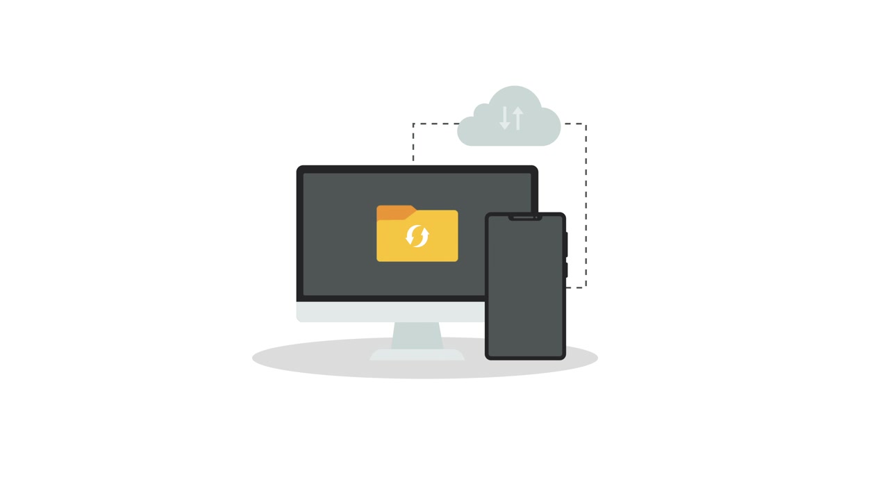 Computer e smartphone che sincronizzano i dati con l'archiviazione cloud.