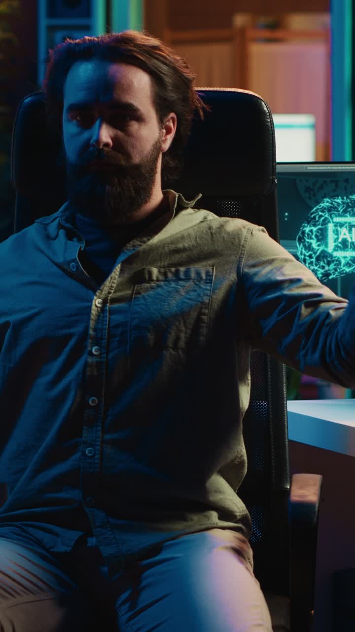 Man Working on Computer with AI Brain Graphic in Dark Office