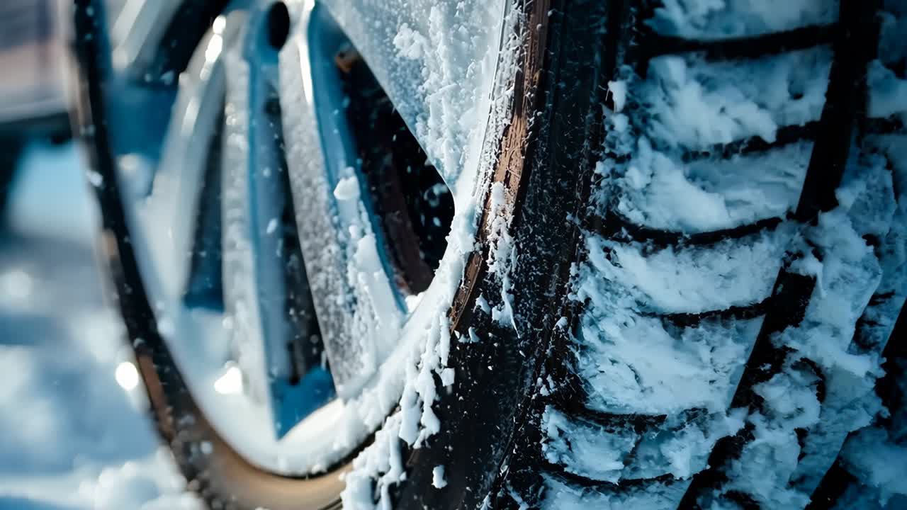 un primer plano de un neumático de coche cubierto de nieve