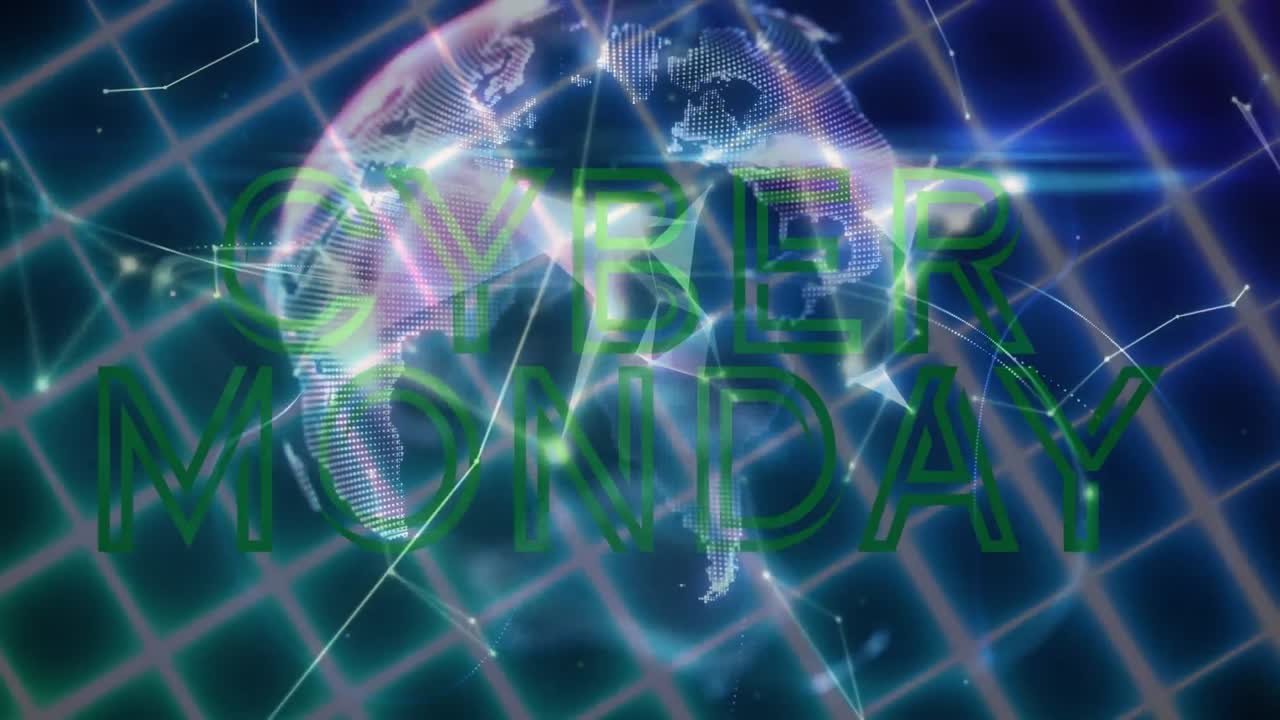 Animation of cyber monday text, globe and network of connections over neon grid