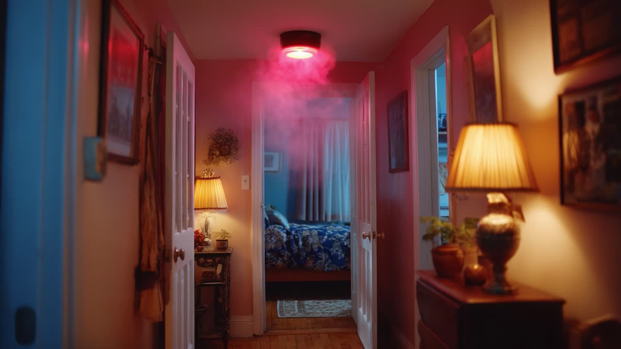 Eerie Ambiance: A Mystical Bedroom Corridor Bathed in Red Light with Vapor Enhancements Revealing a Cozy Room Behind Decorative Doors