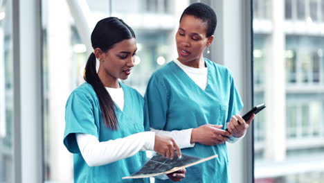 woman, doctor and team walking with x ray scan