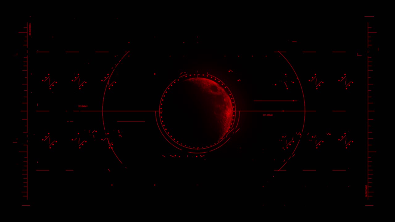 red futuristic hud display escaneo y análisis de datos alrededor de la mitad de la luna roja satélite