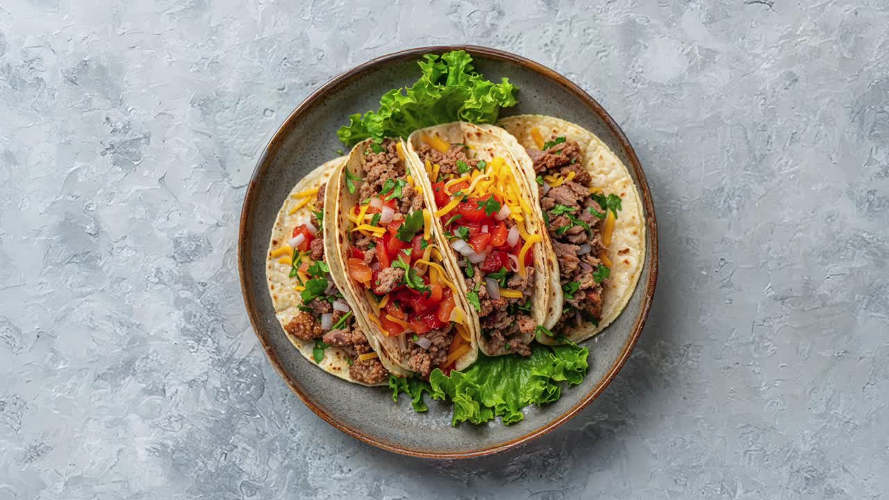 tres deliciosos tacos de carne con todos los accesorios