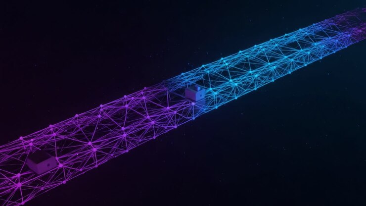 Una straordinaria rappresentazione visiva di un percorso di rete con colori al neon, geometria astratta che dimostra la connettività e i progressi tecnologici negli spazi digitali