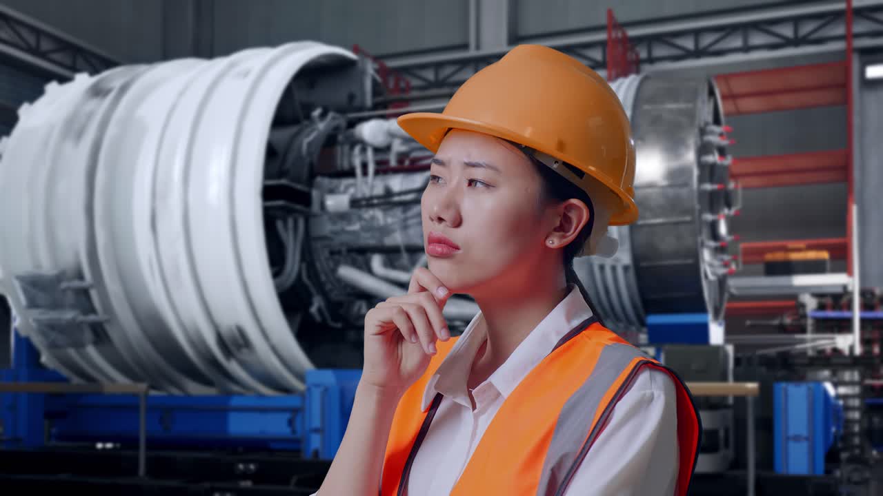 Close Up Side View Of Asian Female Engineer With Safety Helmet Thinking And Looking Around Then Raising Her Index Finger While Standing With Airplane Engine Maintenance Conducted