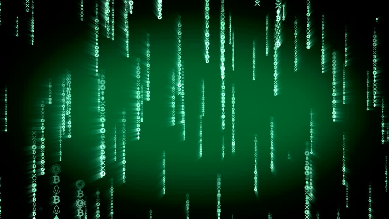 Digital green crypto coins falling in Matrix. Seamless concept with alpha matte