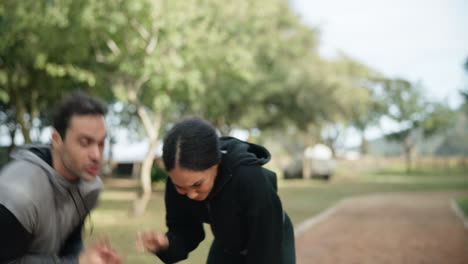 Tired-woman,-running-and-friends-in-nature