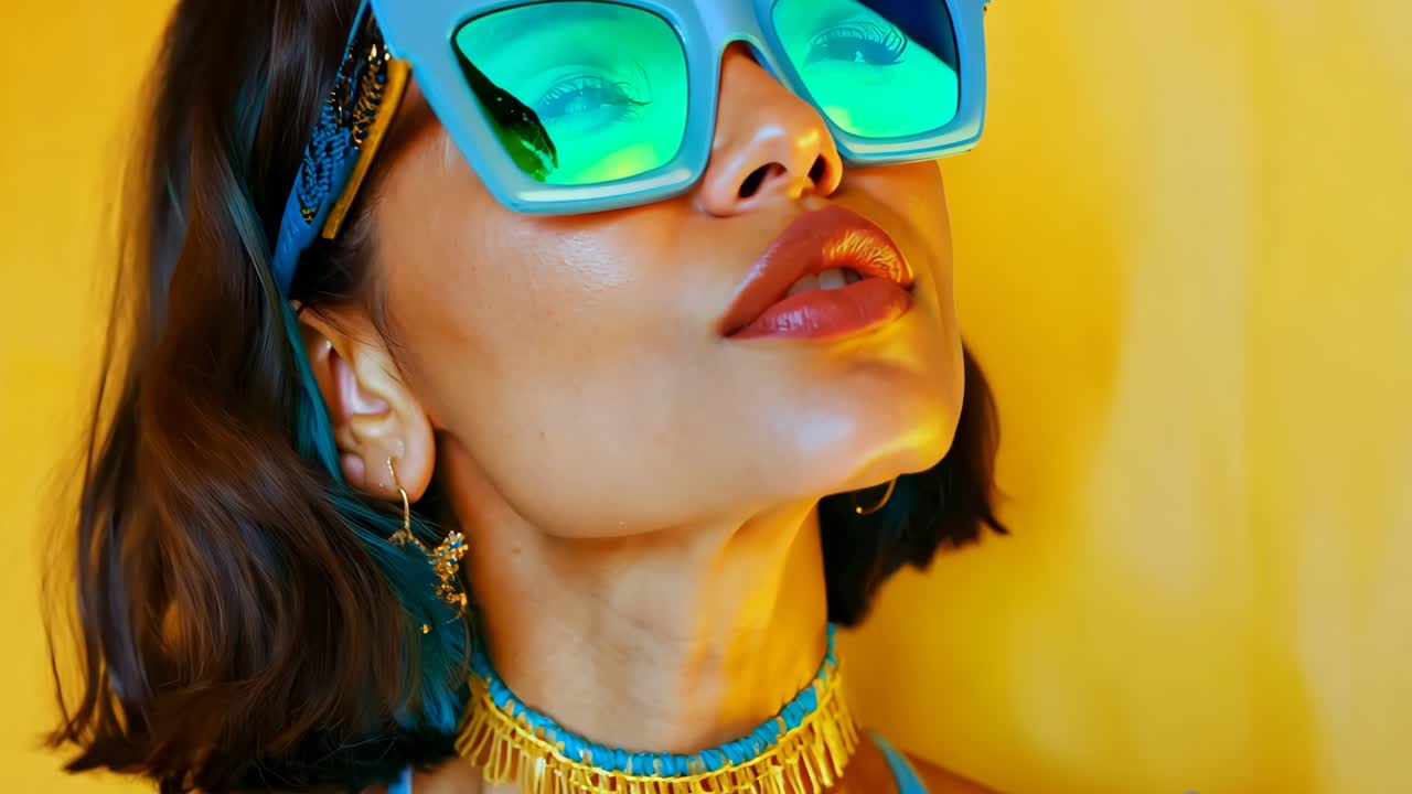 una mujer de cabello azul con un collar y gafas de sol