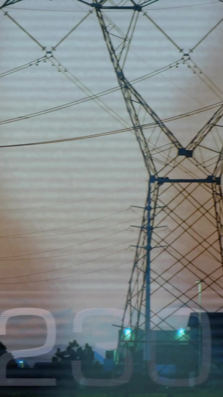 Power lines and transmission towers over data processing animation with numbers