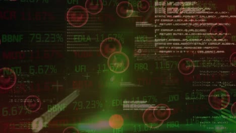 Animation-of-red-particles-over-stock-market-data-processing-and-green-spots-of-light