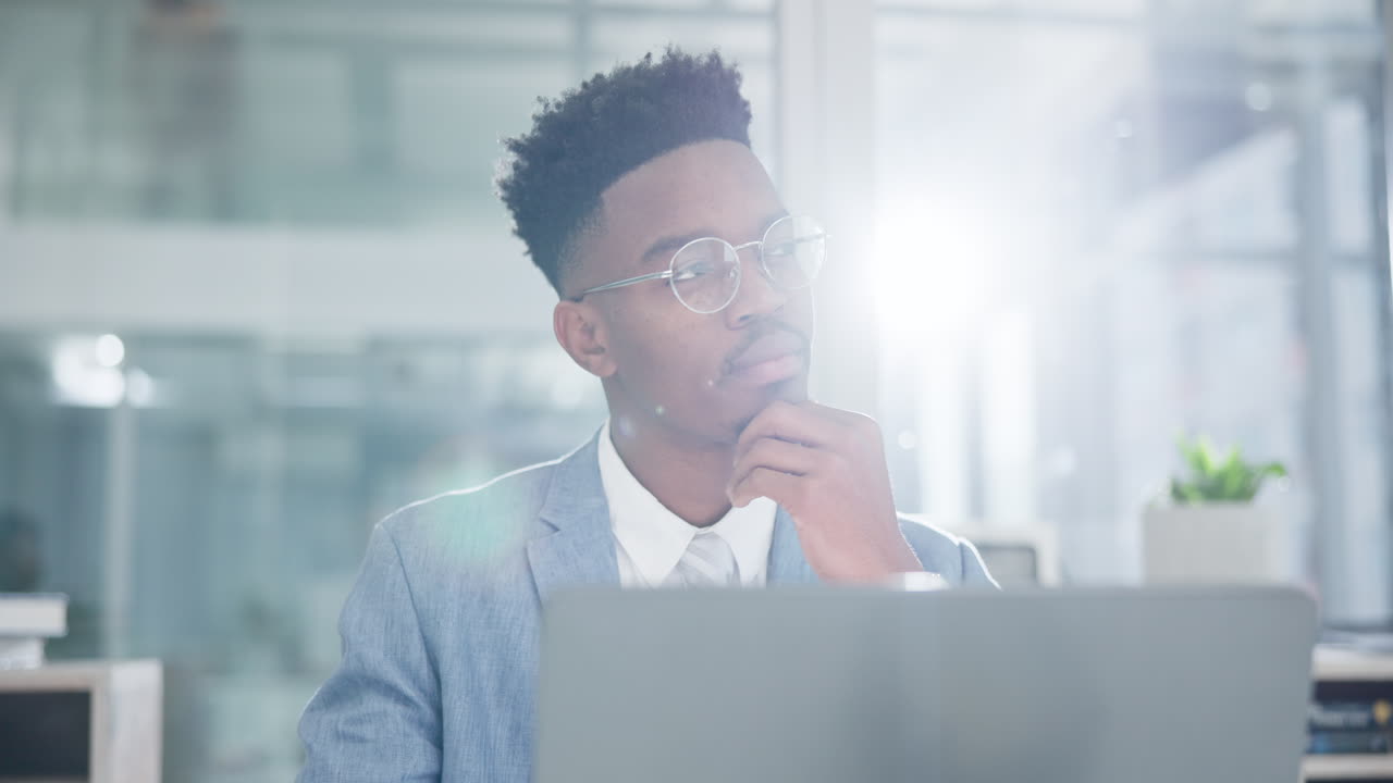 Business man, laptop and thinking of stock market