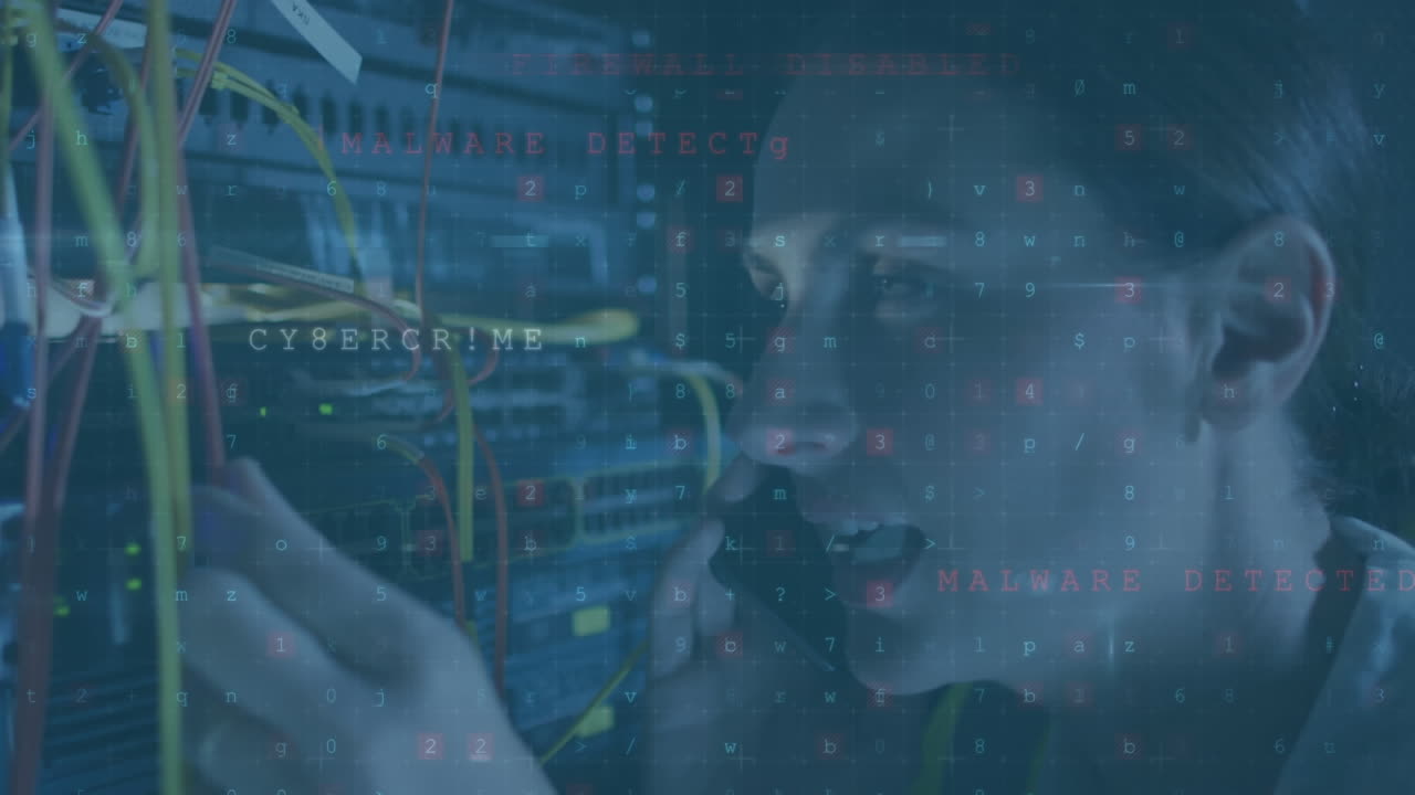 Animation of cyberattack warning with data processing over caucasian woman in server room