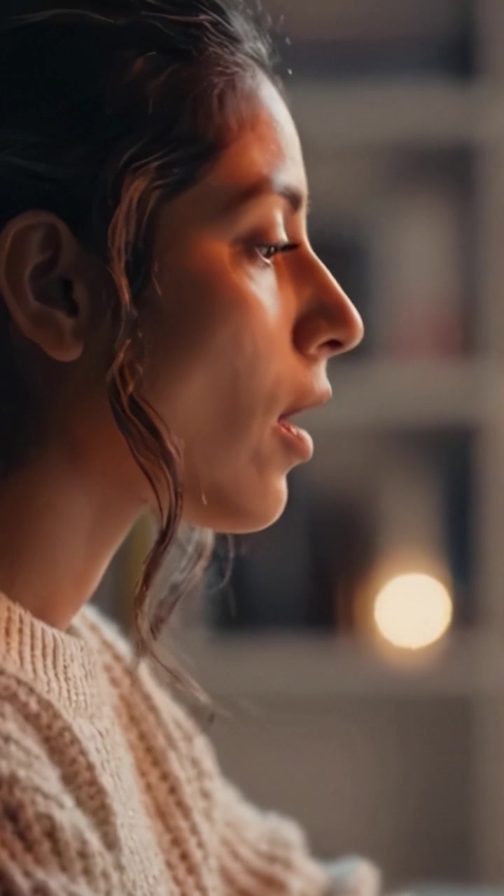 A Contemplative Moment: A Close-Up Profile of a Woman Reflecting Deep Thoughts in a Softly Lit Environment, Capturing Emotion and Serenity in Every Detail