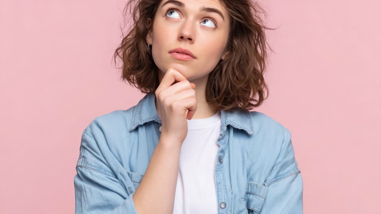 Een nadenkende jonge vrouw overpeinst ideeën tegen een zachtroze achtergrond, wat nieuwsgierigheid en introspectie weerspiegelt in een boeiend moment van zelfreflectie.