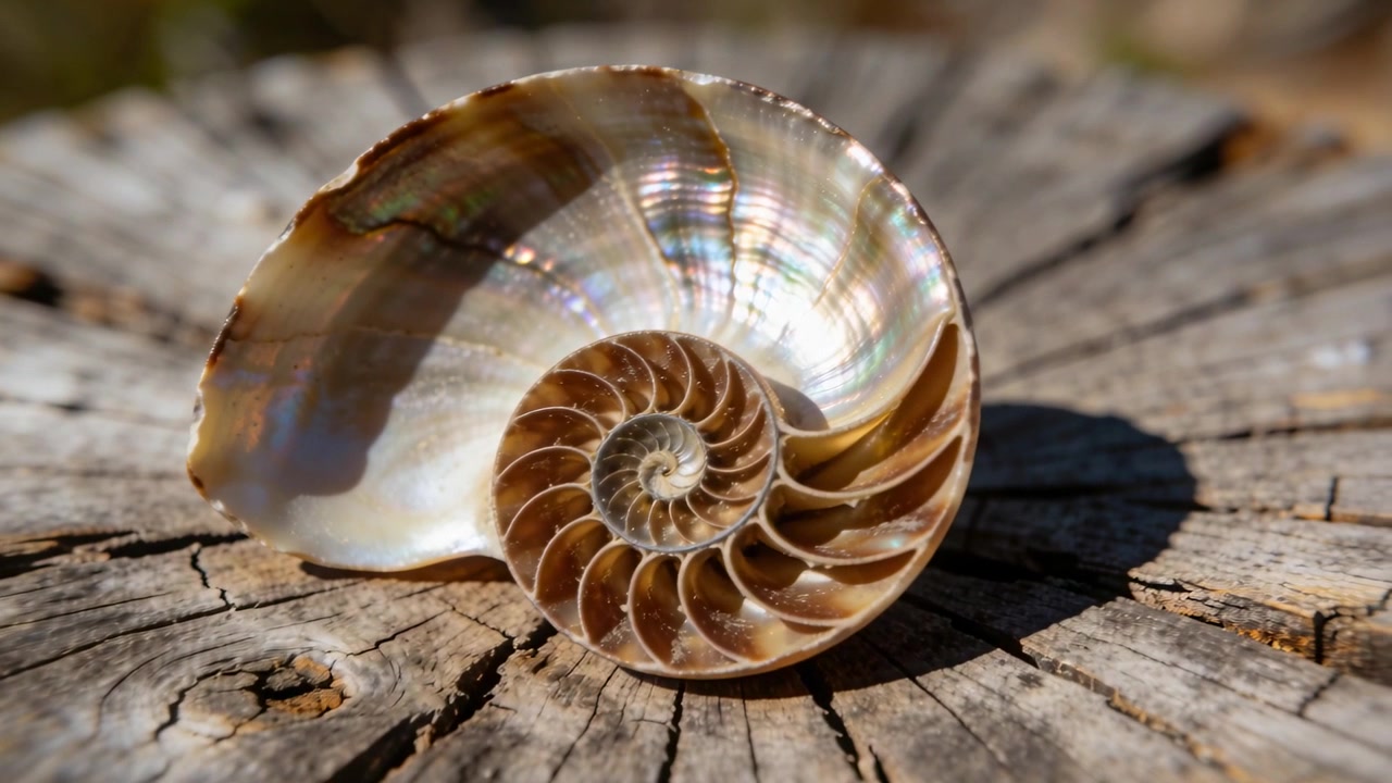 Camera approaching, spiral seashell becoming sharper on stump, showing pearly chambers