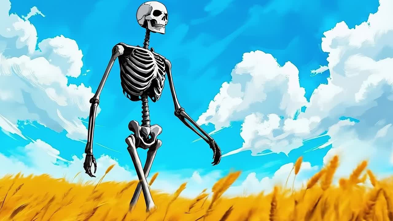 A skeleton standing in a field of wheat with a blue sky in the background