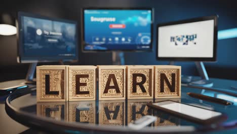 Wooden 'LEARN' blocks with computer monitors in the background