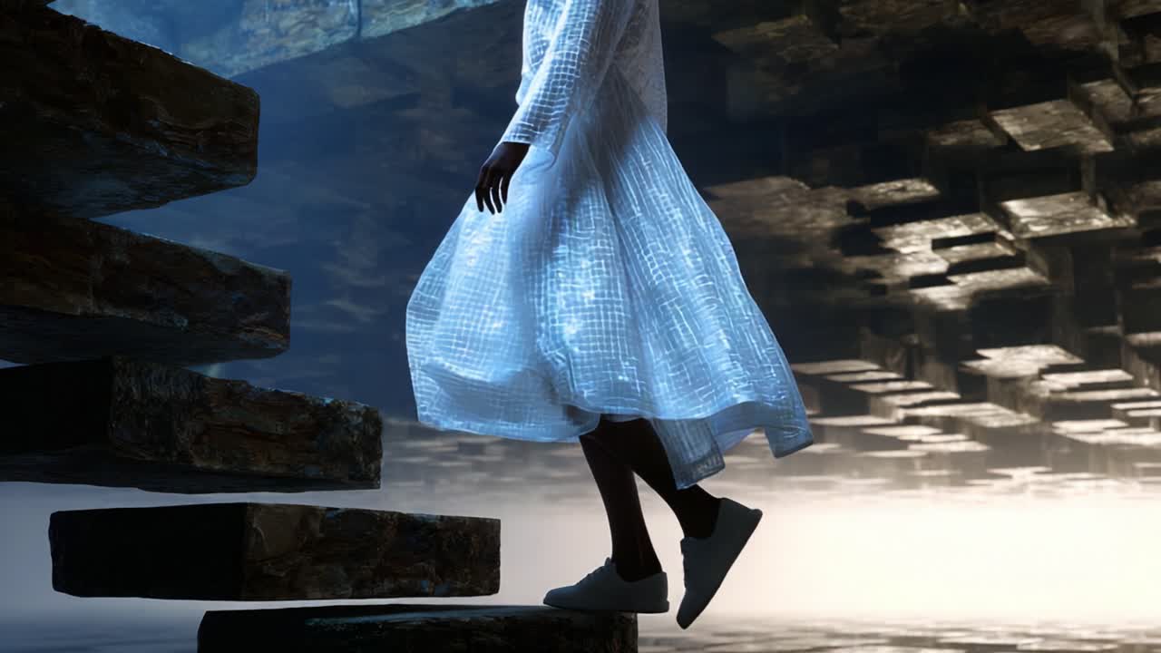 A Mystical Journey Through Light and Shadow: An Ethereal Figure Ascends a Staircase in a Surreal World, Emphasizing the Interplay of Texture and Depth in the Ambiguous Space