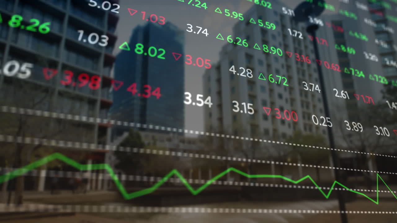 animación del procesamiento de datos financieros sobre el paisaje urbano
