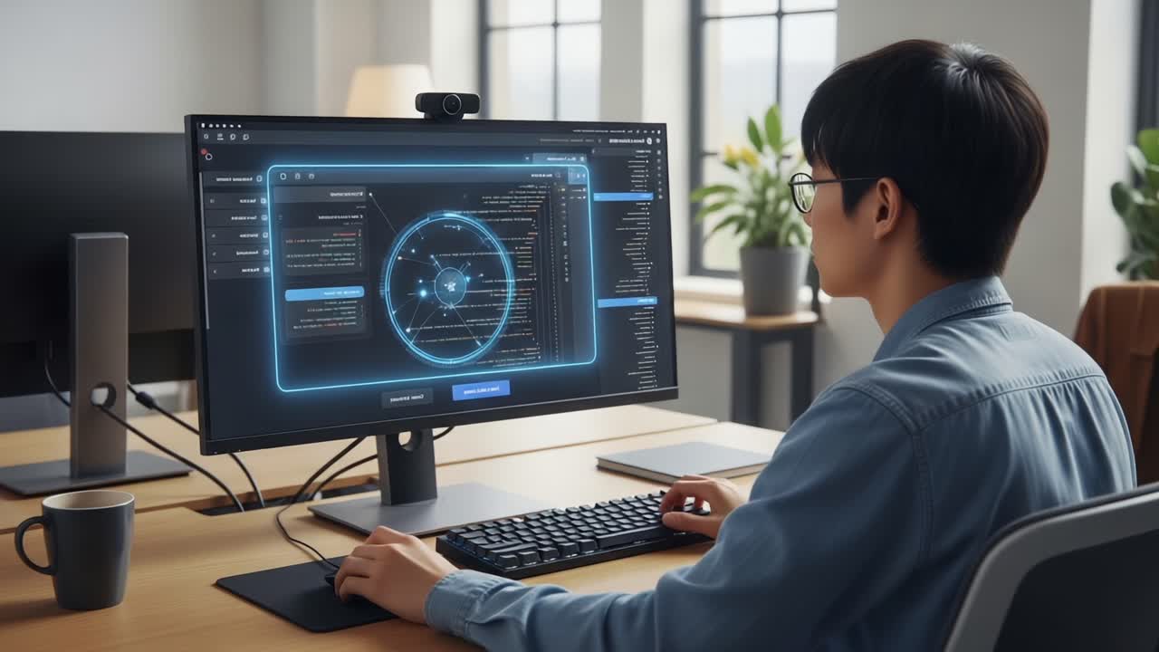 Focused individual engaged in advanced programming, analyzing complex data visualizations on a high-tech monitor in a modern workspace, blending innovation and productivity