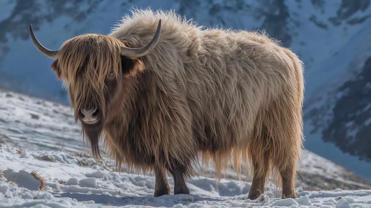 Stort, langhåret kvæg der løfter hovedet, mens sneen begynder at falde på en sneklædt skråning, hvor snefnuggene fanges på hornene