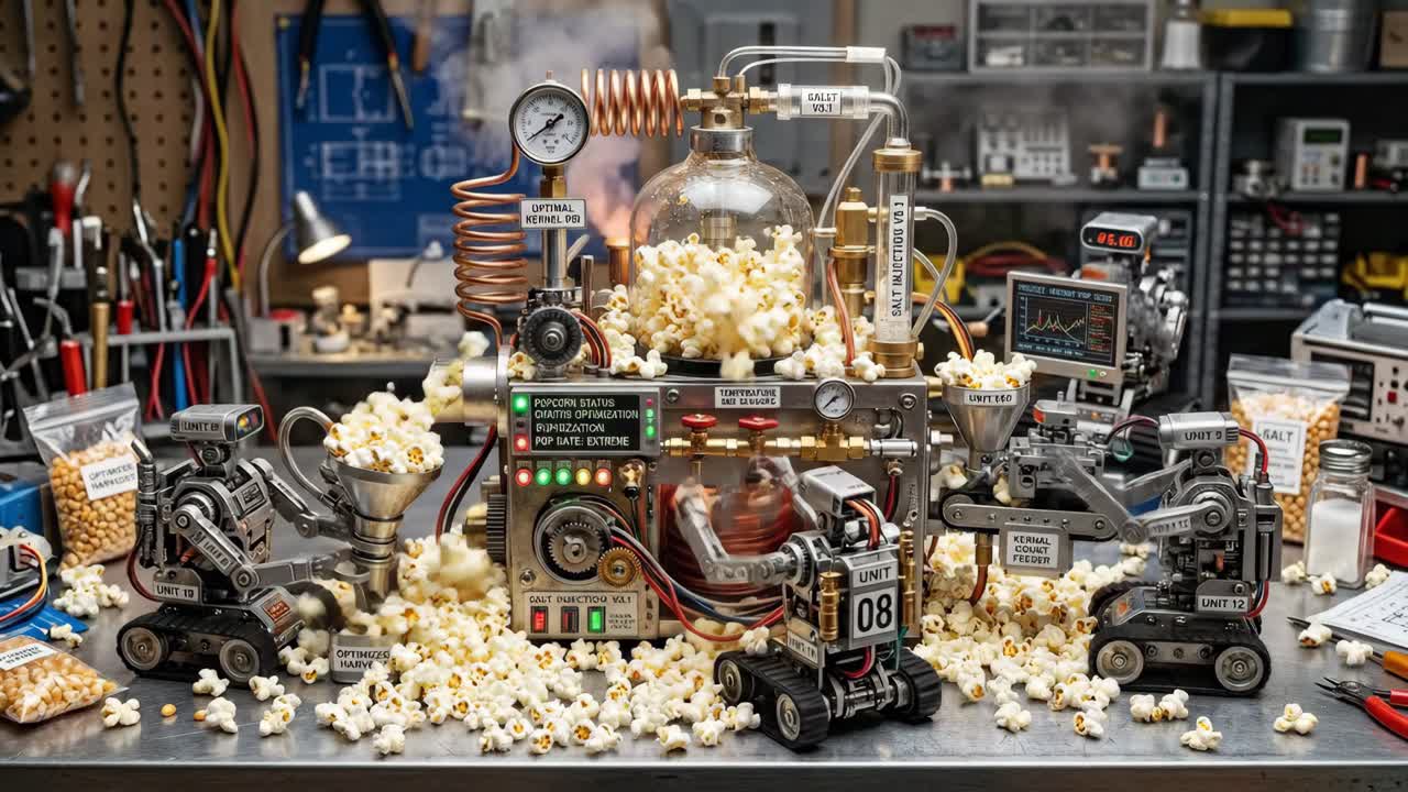 Monimutkainen steampunk-popcornkone, jossa robotit poksauttavat maissinjyviä