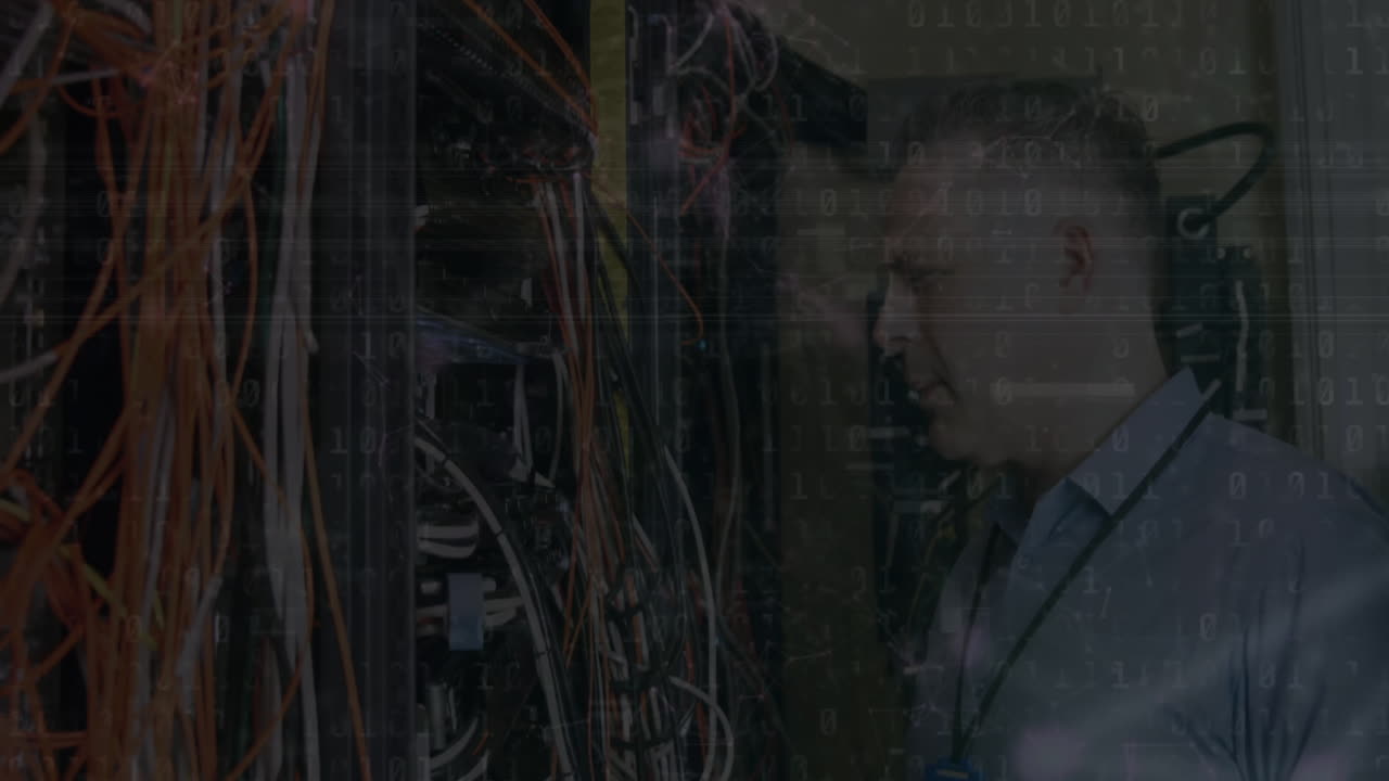 Animation of data processing and scope over caucasian male it engineer by computer servers