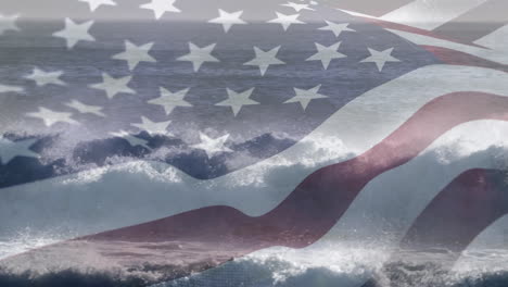 animación de la bandera de los estados unidos ondeando sobre el paisaje marino