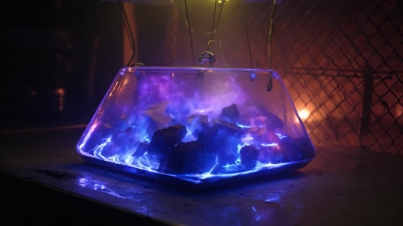 Pulsating blue and purple energy flowing around dark rocks inside a futuristic glass container, illustrating a mysterious scientific experiment or advanced power source in a dark industrial setting